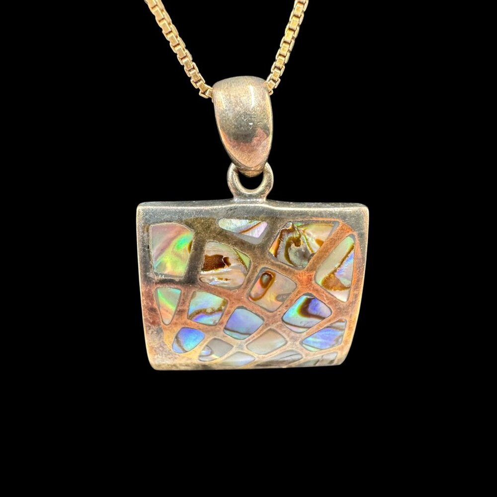 Vtg Abalone Shell Mosaic Square Pendant Sterling Silver Gold Tone Necklace Sea - Picture 5 of 16